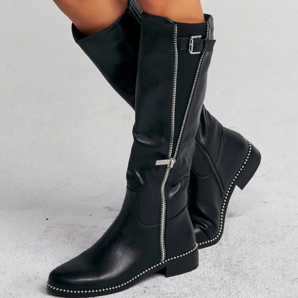 Black Studded Knee High Boots with Zippers - Picture 7 of 7